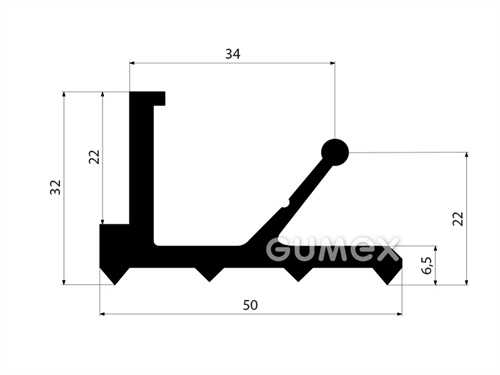 Gumový profil tvaru "L", 32x50/6,5mm, dĺžka  2500mm, 70°ShA, EPDM, -40°C/+100°C, čierny